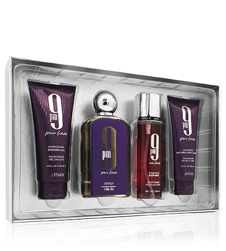 9pm Pour Femme dárková sada 100 ml + sprchový gel 100 ml + tělové mléko 100 ml + tělový sprej parfémovaná voda pro ženy