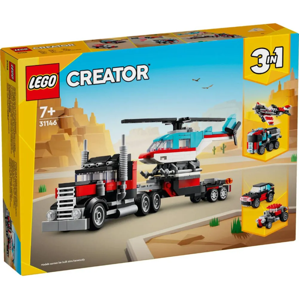 Creator 3 v 1 31146 Náklaďák s plochou korbou a helikoptéra