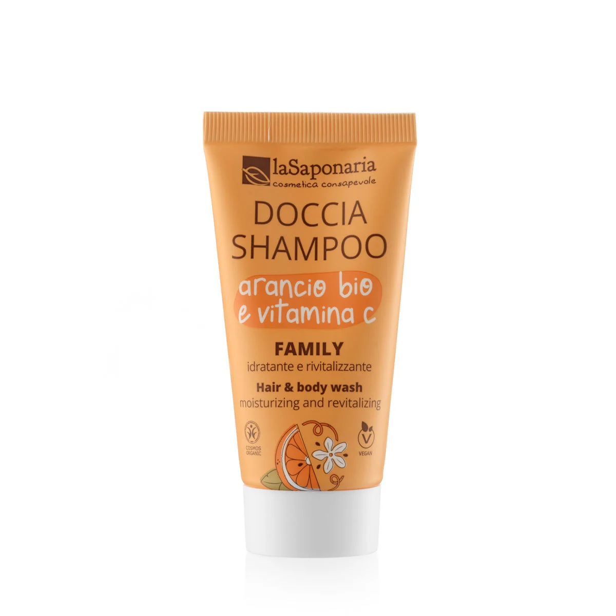 laSaponaria Sprchový gel a šampon 2v1 s BIO pomerančem a vit. C pro celou rodinu 30 ml - se sladkou a povzbuzující vůní