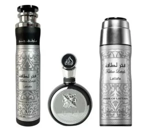 Lattafa Fakhar Man dárková sada - 100 ml + parfémovaný sprej 200 ml + osvěžovač vzduchu parfémovaná voda