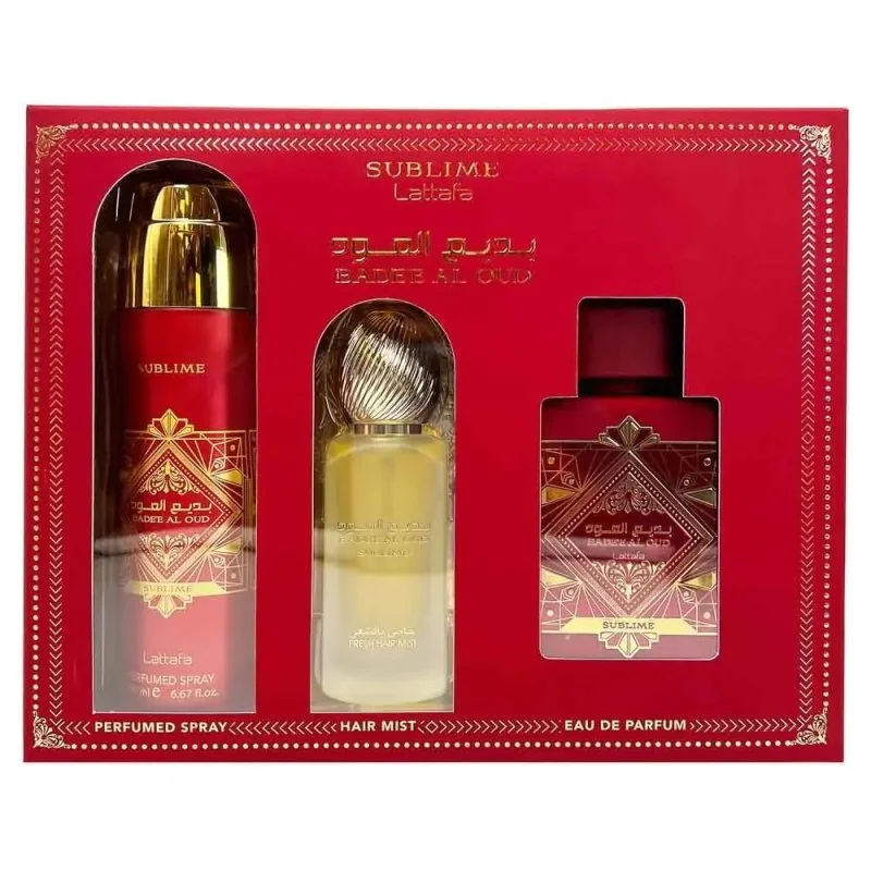 Badee Al Oud Sublime dárková sada – parfémovaná voda 100 ml + parfémovaný sprej 200 ml + parfémovaná mlha na vlasy 50 ml