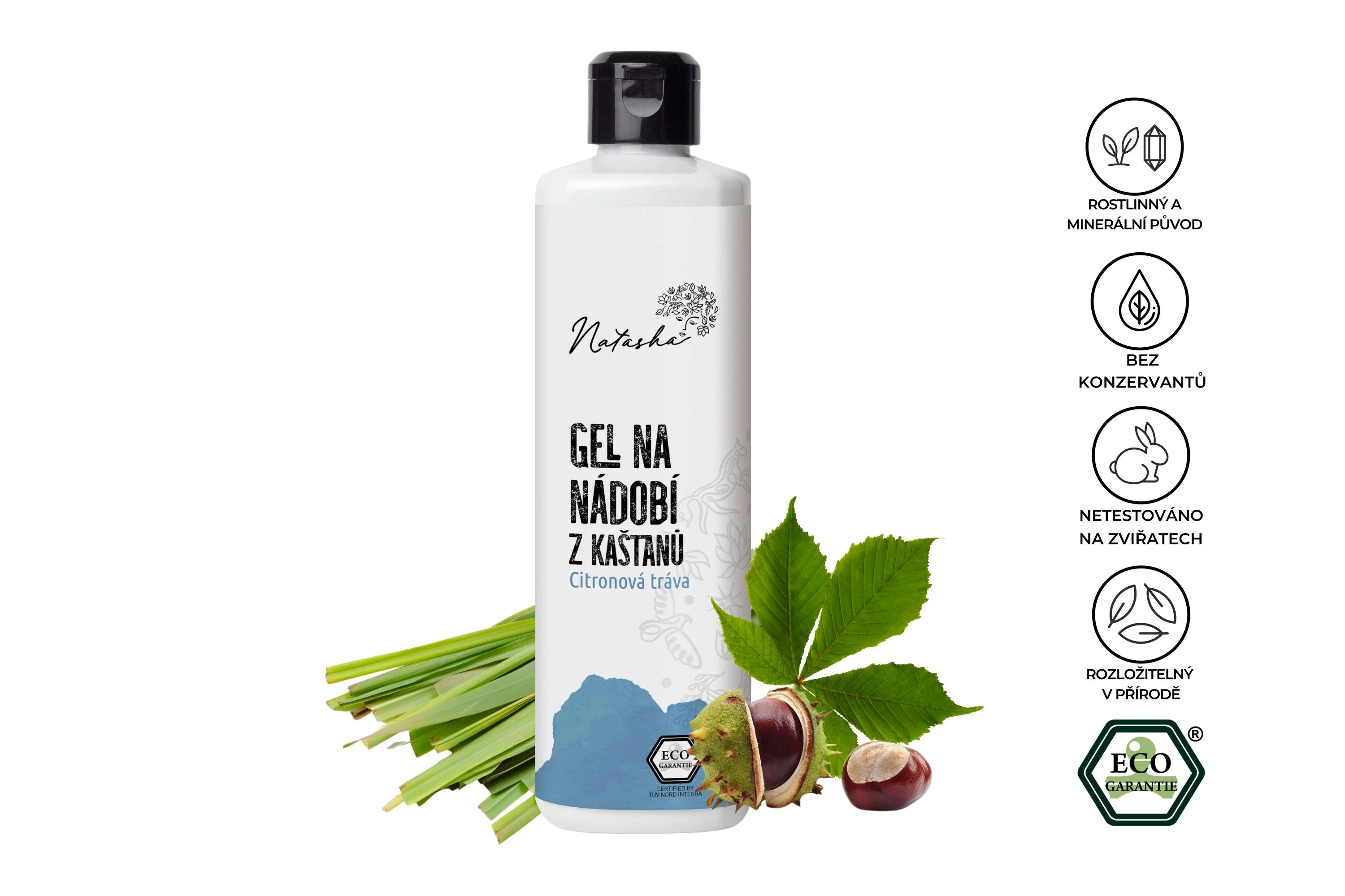 Natasha Gel na nádobí z kaštanů Citronová tráva 500 ml - bojovník s mastnotou šetrný k pokožce