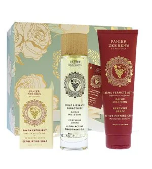 Panier Des Sens Renewing Grape dárková sada exfoliační mýdlo 150 g + suchý tělový olej 100 ml + zpevňující tělový krém