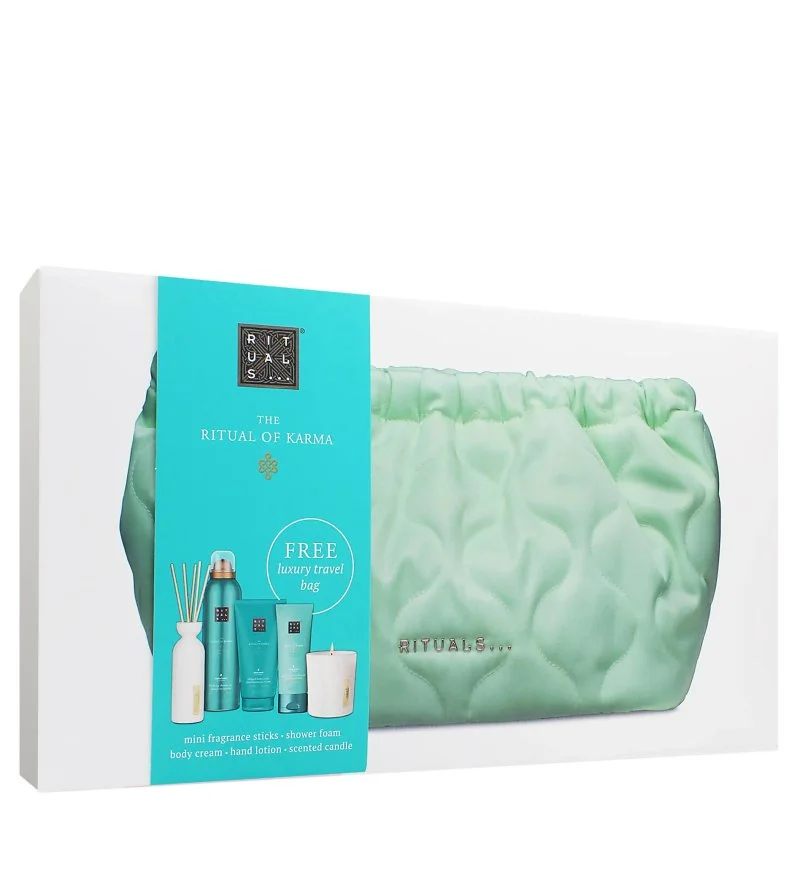 The Ritual of Karma dárková sada sprchový gel 200 ml + tělový krém 150 ml + vonná svíčka 140 g + vonné tyčinky 70 ml + krém na ruce