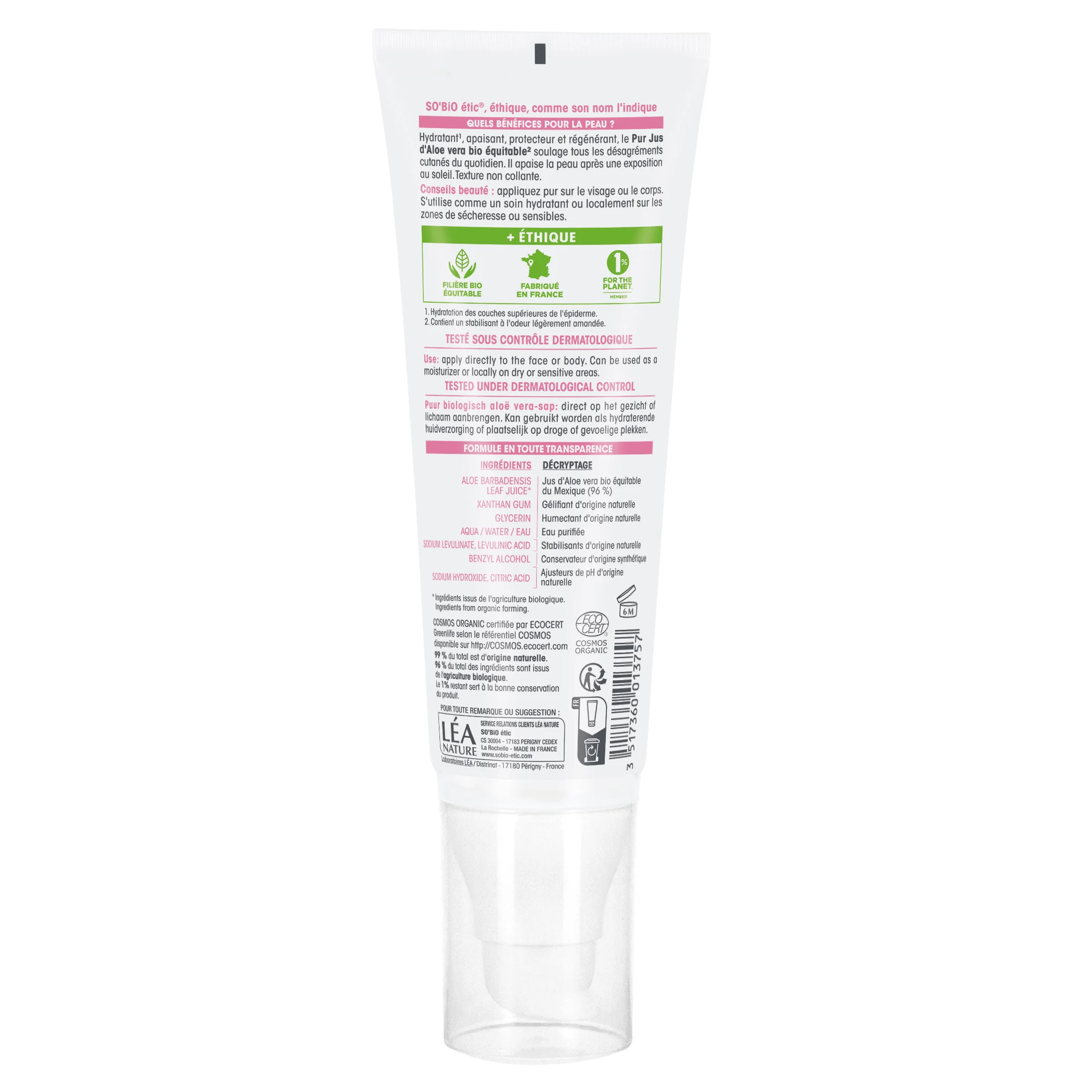 SO’BiO étic Aloe vera gel - hypoalergenní BIO (125 ml) - intenzivní hydratace a zklidnění pokožky