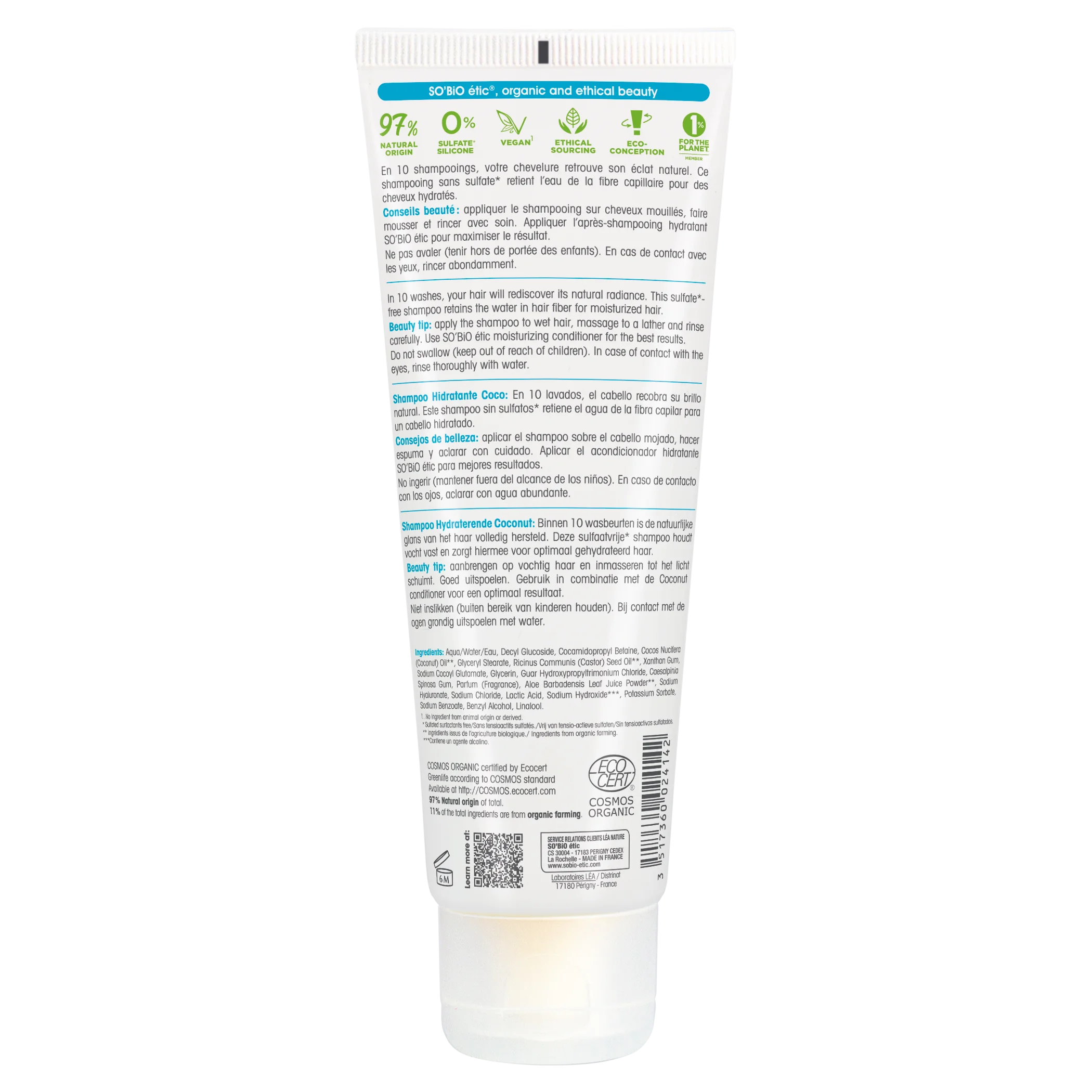 SO’BiO étic Šampon hydratační kokos a kyselina hyaluronová BIO (250 ml) - pro všechny typy vlasů