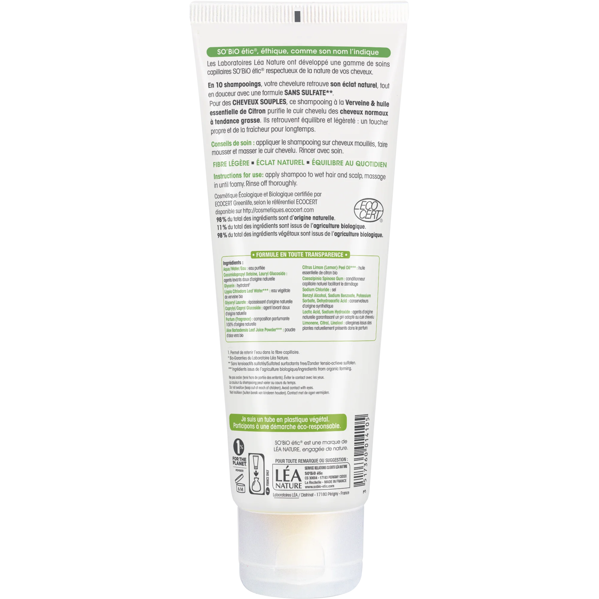 SO’BiO étic Šampon jemný verbena-citron BIO (250 ml) - ideální pro mastné vlasy