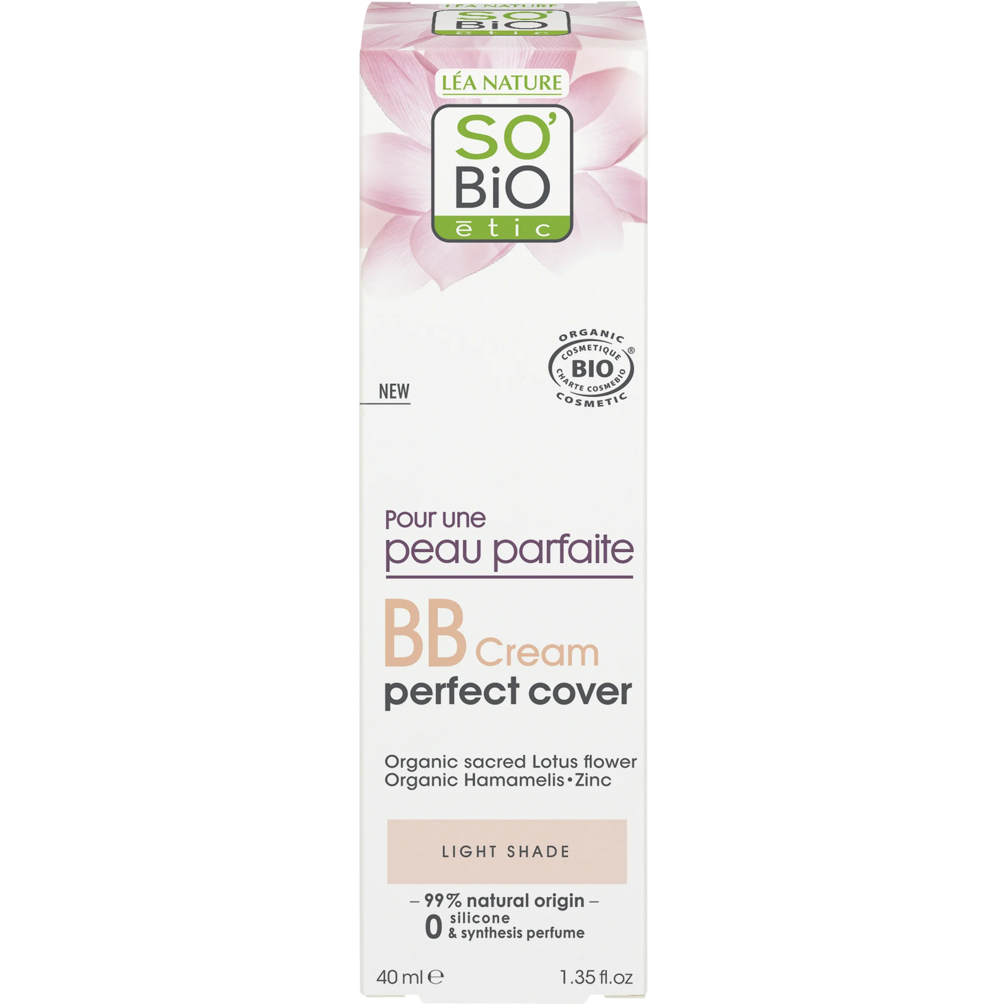 SO’BiO étic BB krém pro dokonalou pleť - odstín Light BIO (40 ml) - s extraktem z květu lotosu