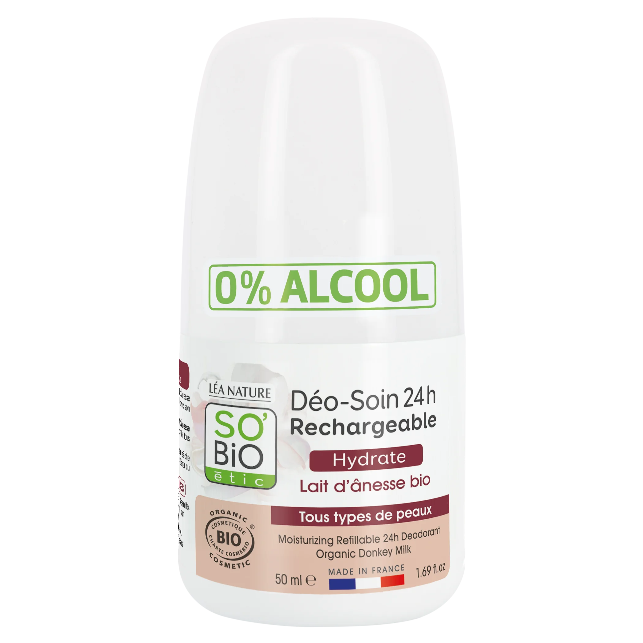SO’BiO étic Deodorant roll-on 24h hydratační s oslím mlékem - znovuplnitelný BIO (50 ml) - i pro citlivou pokožku