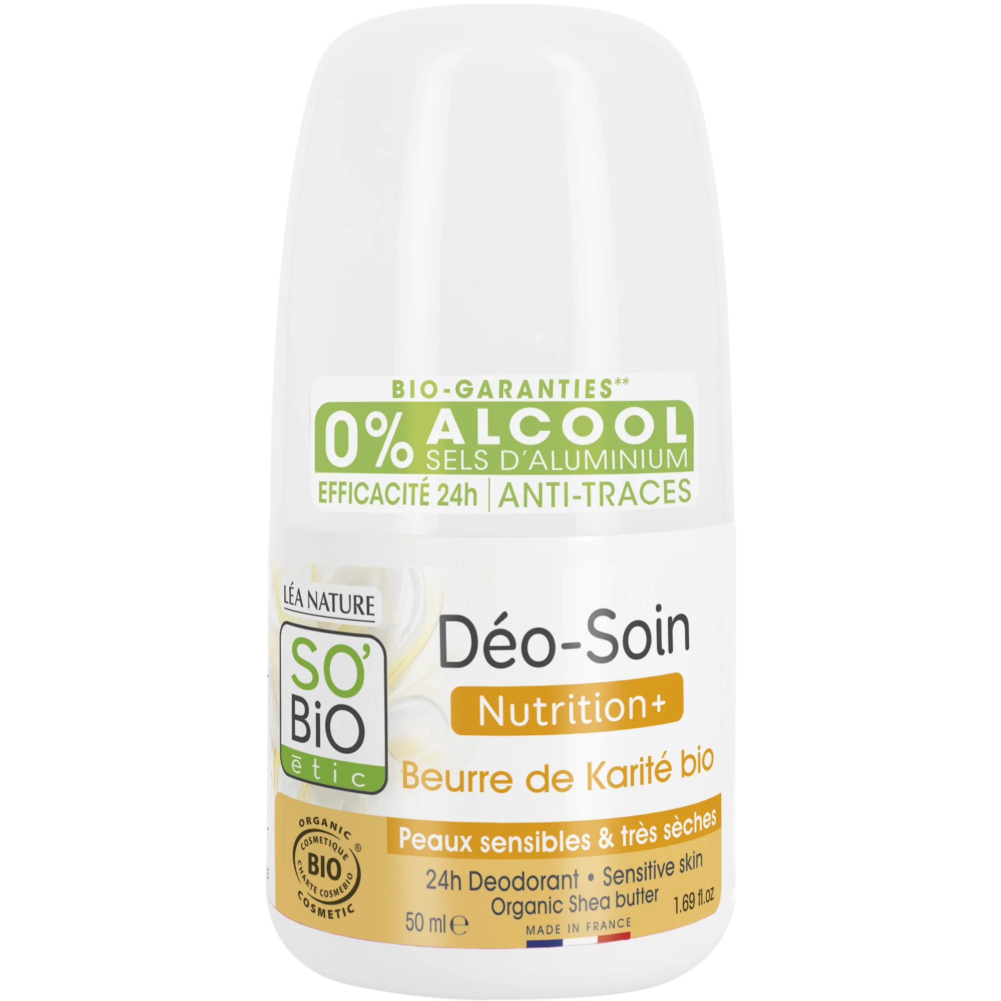 SO’BiO étic Deodorant roll-on 24h Nutrition+ s karité BIO (50 ml) - účinný až 24 hodin
