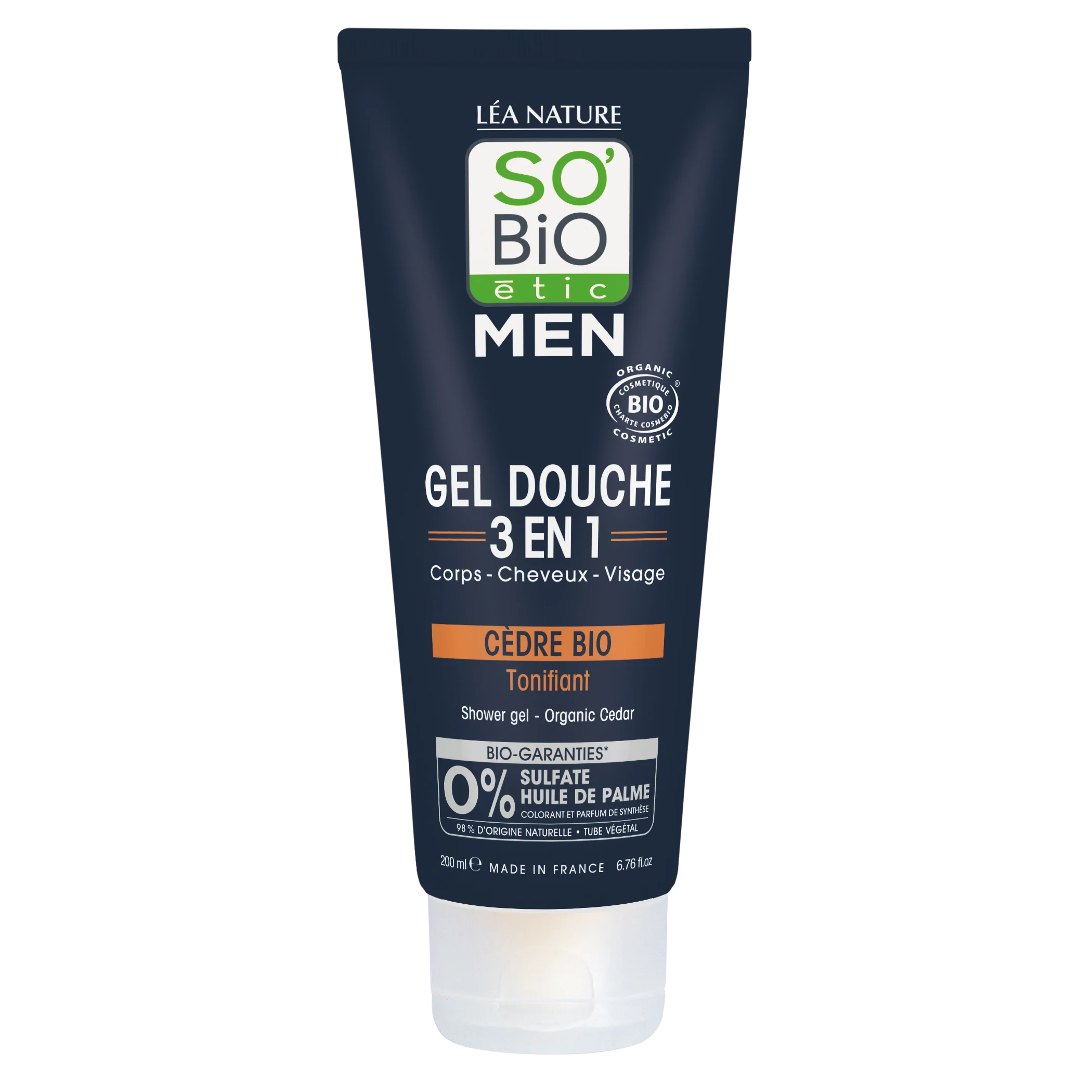 SO’BiO étic Gel sprchový MEN 3v1 - tonizující cedr BIO (200 ml) - na tělo, obličej i vlasy