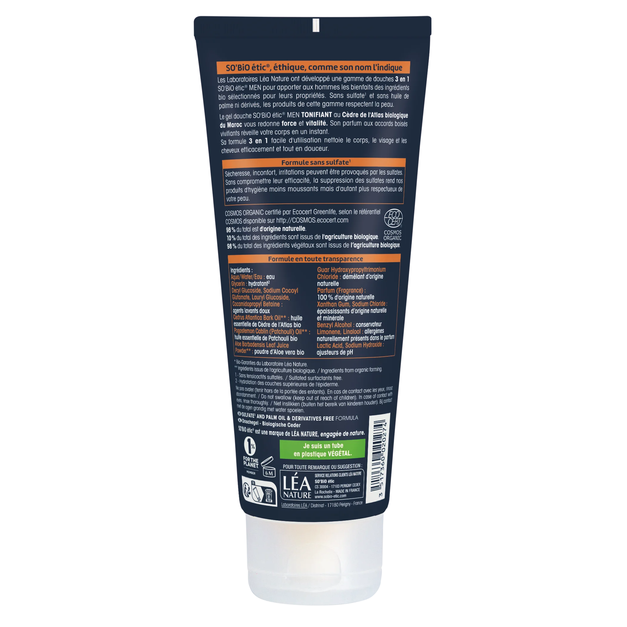 SO’BiO étic Gel sprchový MEN 3v1 - tonizující cedr BIO (200 ml) - na tělo, obličej i vlasy