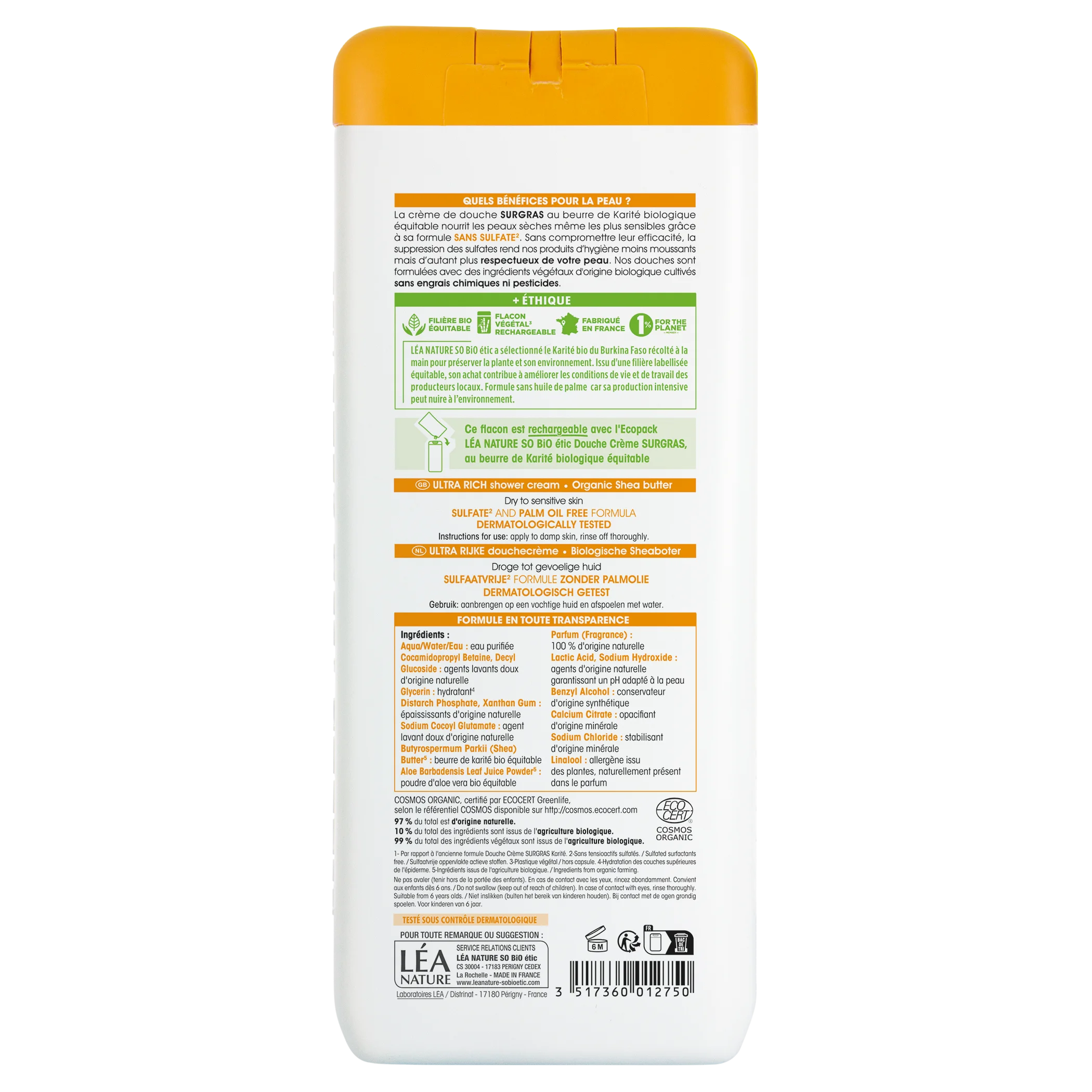 SO’BiO étic Krém sprchový SURGRAS s máslem karité BIO (650 ml) - ideální pro suchou a citlivou pokožku