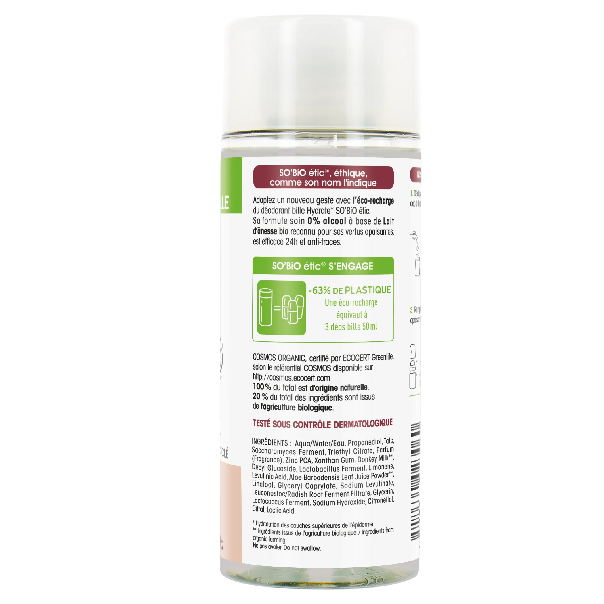 SO’BiO étic Náplň do deodorantu roll-on 24h hydratačního s oslím mlékem BIO (150 ml) - jedna náplň nahradí tři roll-ony