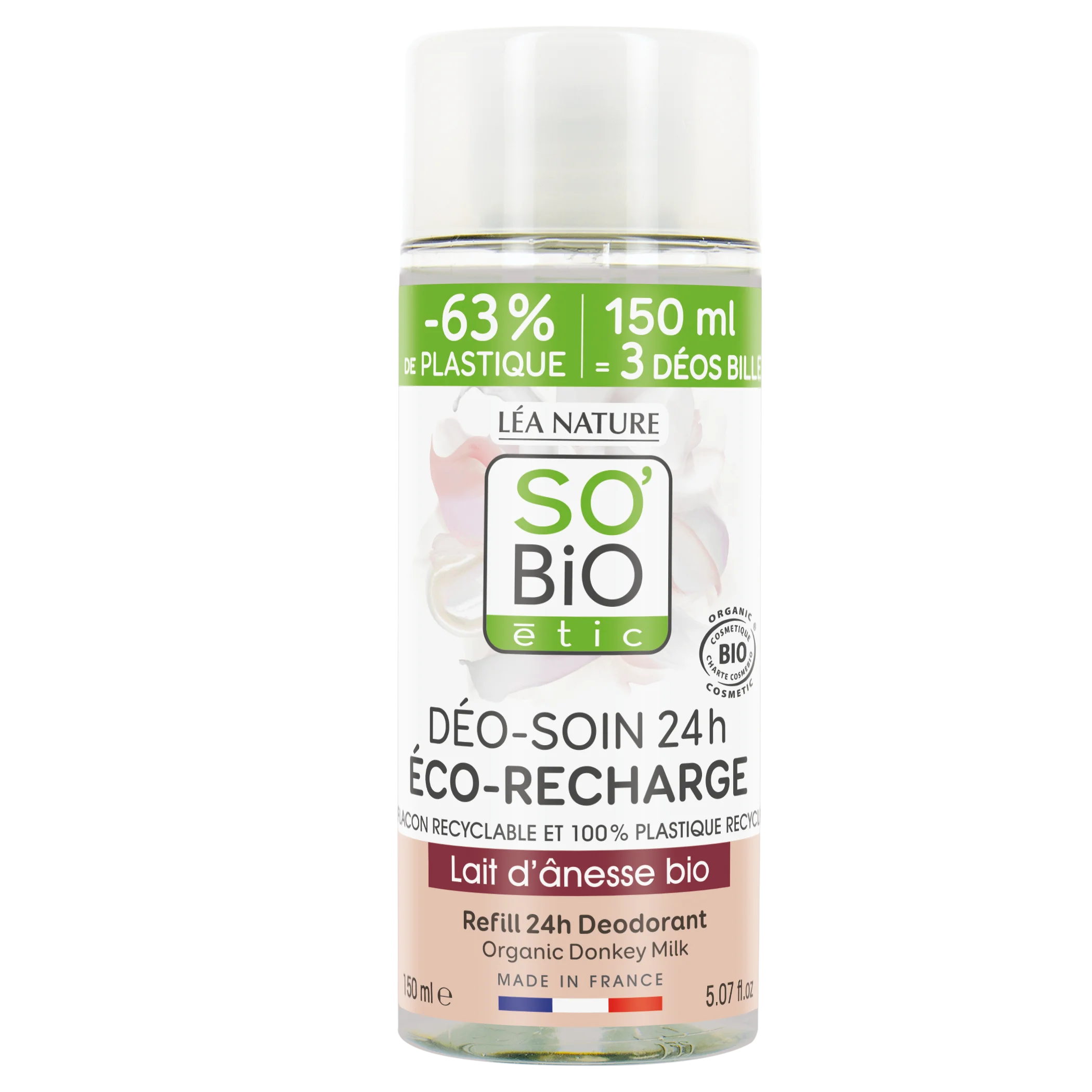 SO’BiO étic Náplň do deodorantu roll-on 24h hydratačního s oslím mlékem BIO (150 ml) - jedna náplň nahradí tři roll-ony