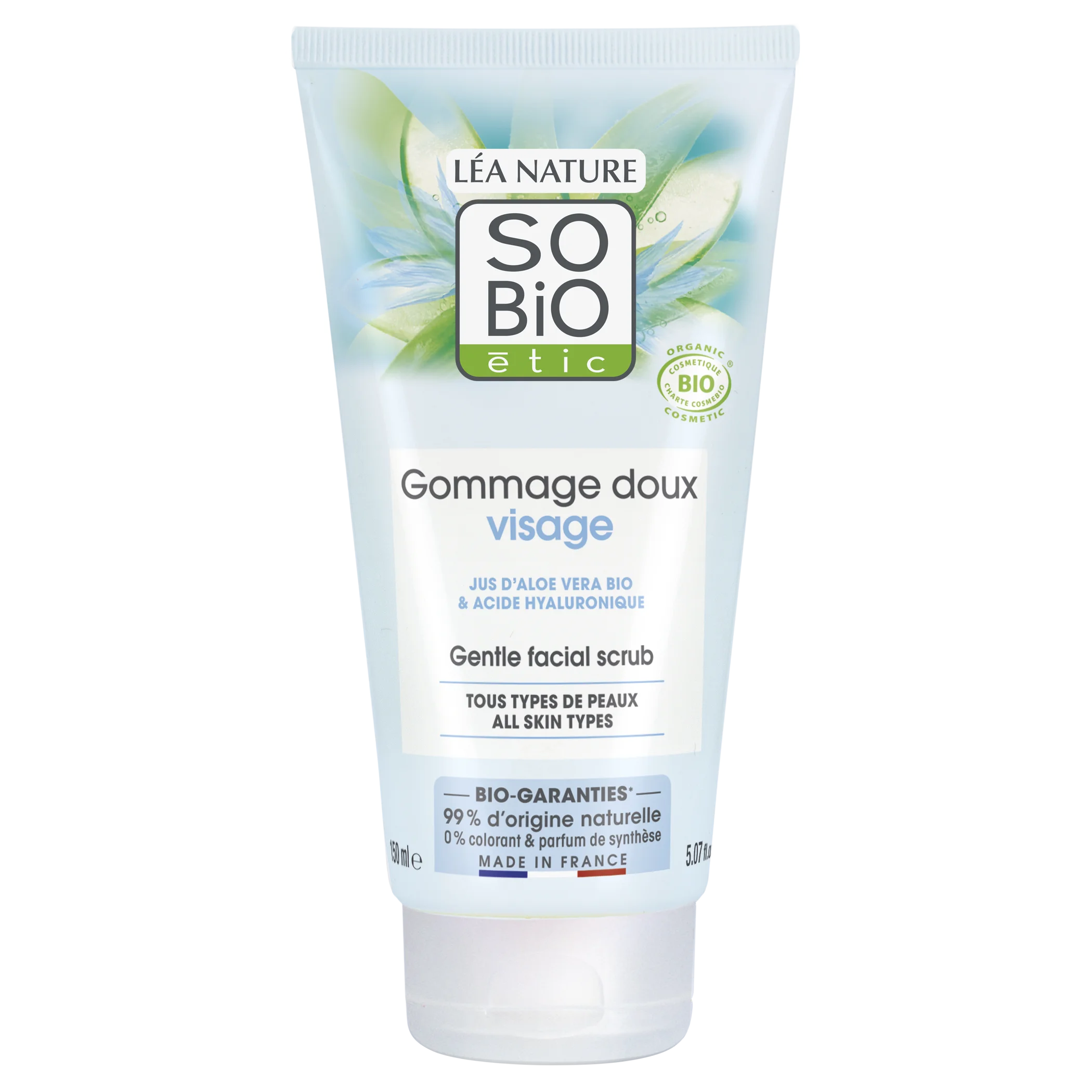 SO’BiO étic Peeling jemný pro časté použití Aloe vera hydratační BIO (150 ml) - s kyselinou hyaluronovou