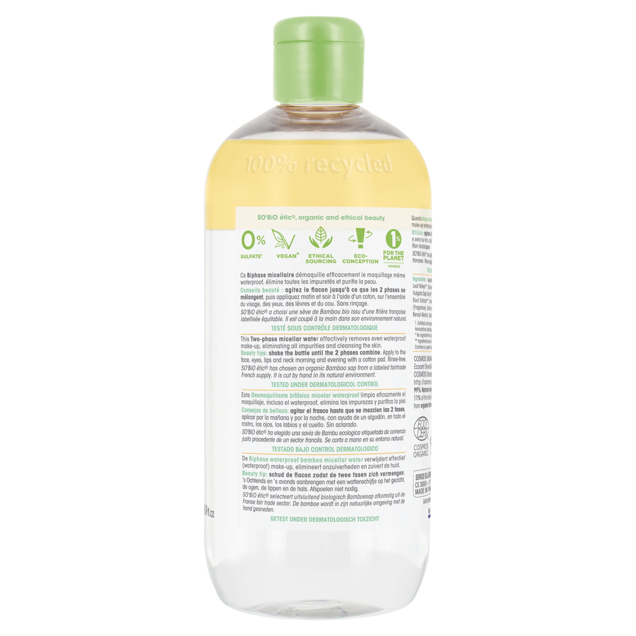 SO’BiO étic Voda micelární dvoufázová - Pur BAMBOO BIO (500 ml) - s organickým bambusem a moringou