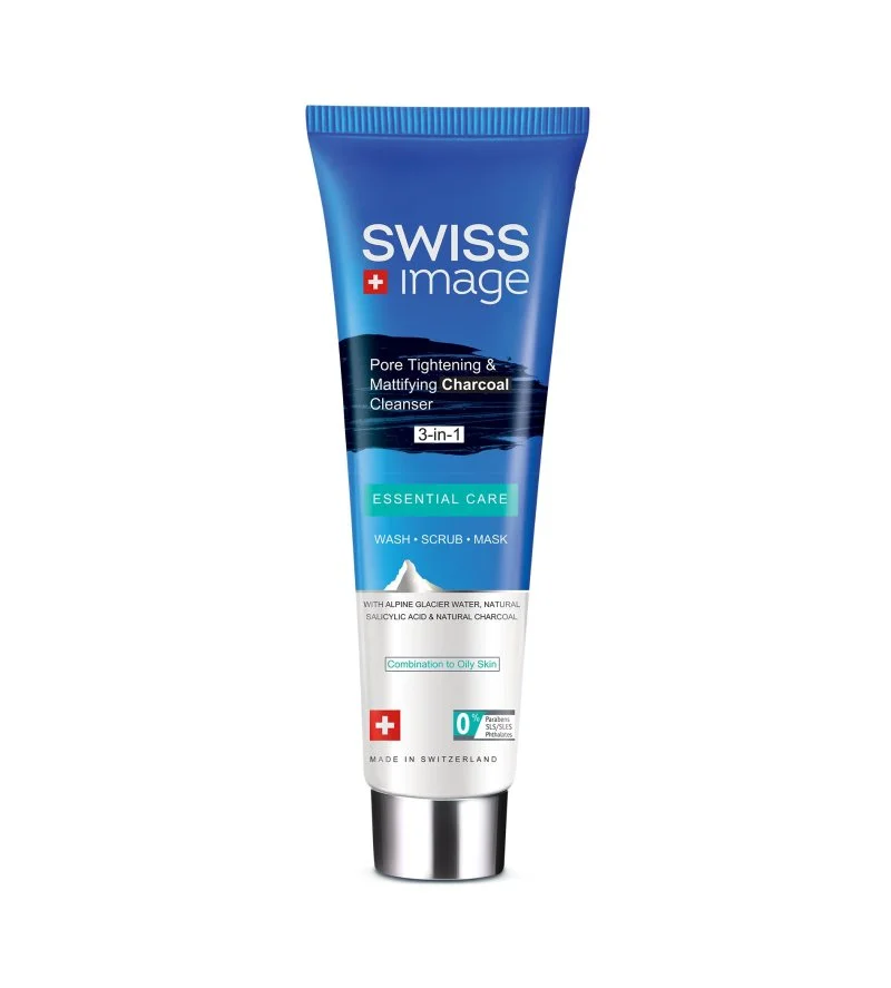 Swiss Image Essential Care Pore Tightening & Mattifying Charcoal Cleanser 3 in 1 multifunkční čisticí gel s aktivním uhlím 100 ml