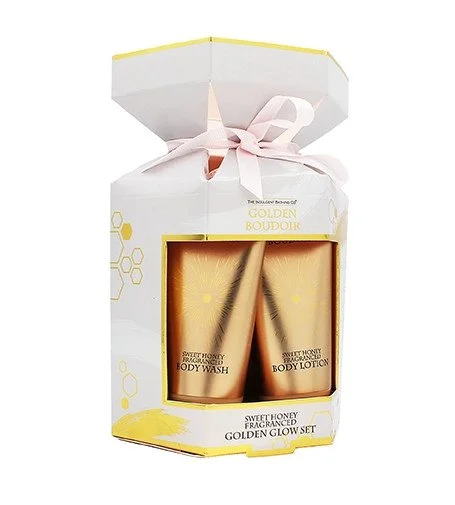 Golden Boudoir dárková sada sprchový gel + tělové mléko 50 ml + sprchová houba