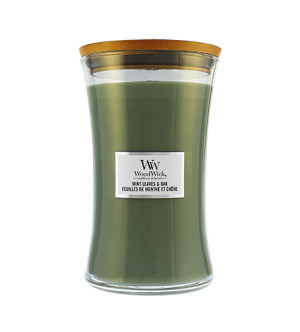WoodWick Mint Leaves & Oak vonná svíčka s dřevěným knotem pro muže