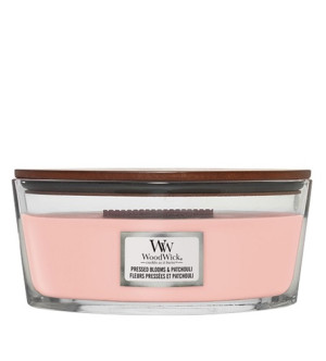 WoodWick Pressed Blooms & Patchouli vonná svíčka s dřevěným knotem pro muže