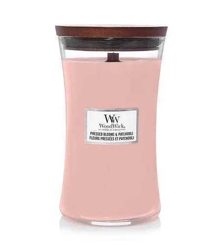 WoodWick Pressed Blooms & Patchouli vonná svíčka s dřevěným knotem pro muže