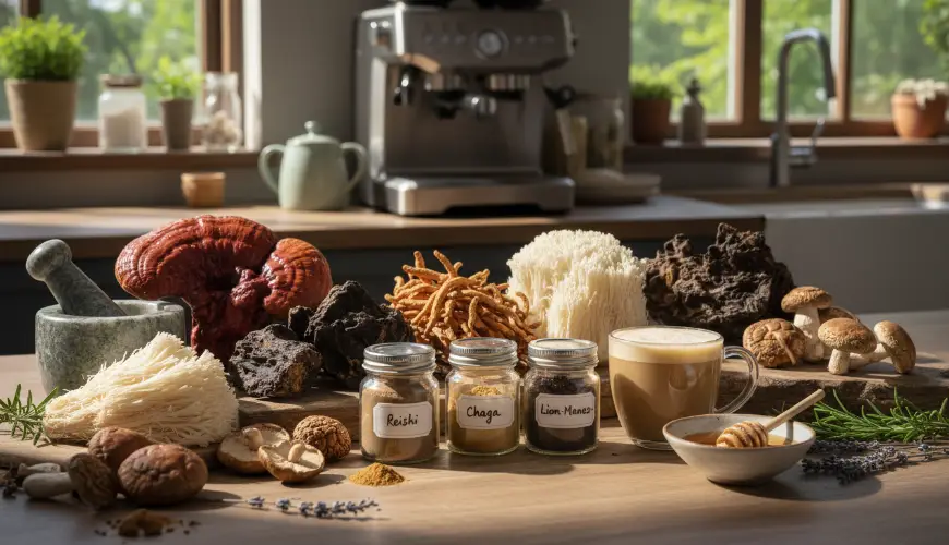 Adaptogenní houby v kuchyni jako reishi, lion’s mane a cordyceps