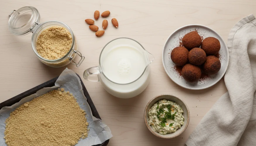 Hausgemachte Mandelmilch im Glas und Verwendung des Mandelfleisches – Zero-Waste-Küche