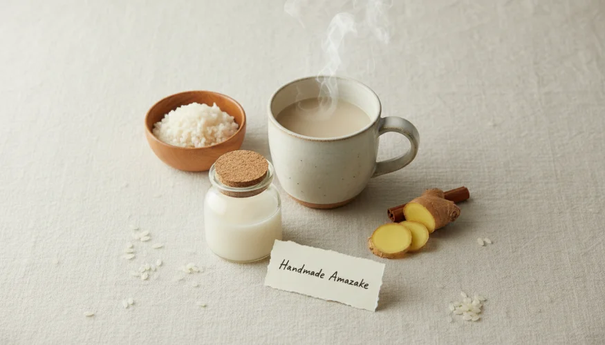 Flat-lay of warm amazake drink with koji rice, ginger and cinnamon in soft studio light