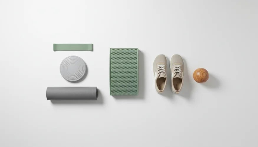Accessori per l'allenamento dell'equilibrio e caviglie sane – tavola propriocettiva, elastico di resistenza e scarpe minimaliste