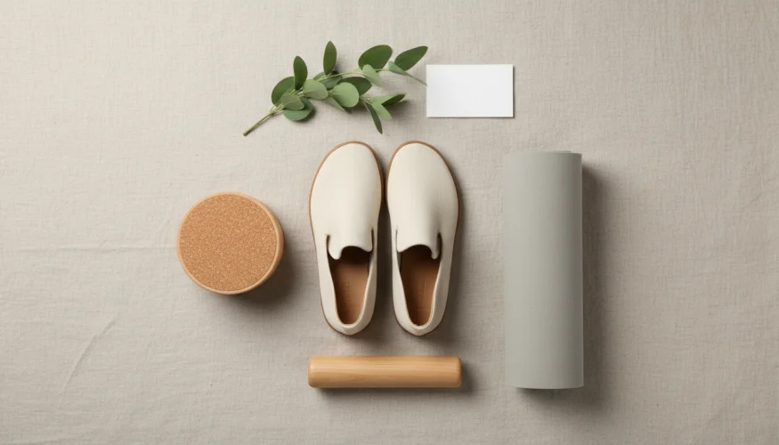 Flat-lay of minimalist barefoot shoes, balance board and wellness accessories for ankle strengthening