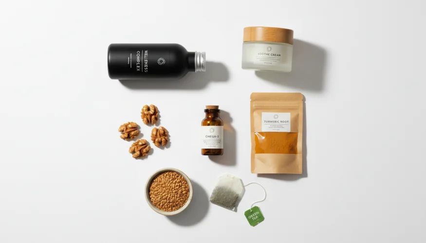 Flat-lay of anti-inflammatory wellness products including omega-3 capsules, turmeric, walnuts, flaxseeds, green tea, and natural skin cream