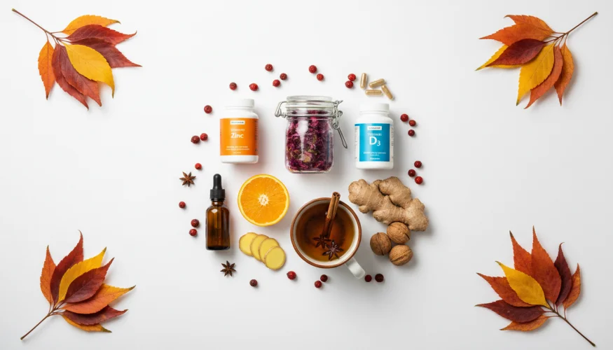 Herfst selectie van producten ter ondersteuning van de immuniteit – vitamine D, zink, gefermenteerde voedingsmiddelen en kruidensupplementen