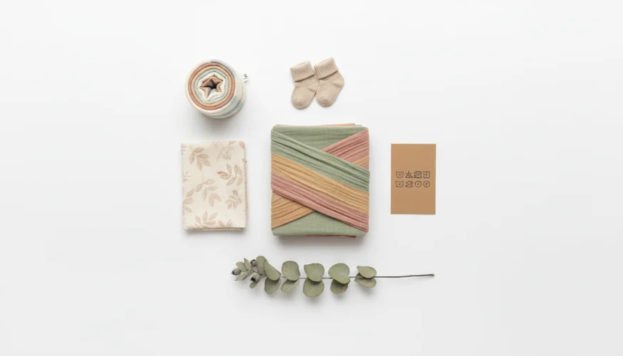 Seleção de slings orgânicos e acessórios para carregar bebê em composição flat lay