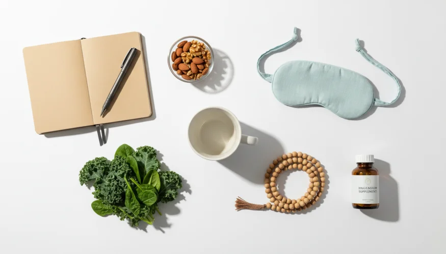 Flat-lay di prodotti con diario, integratori di magnesio, noci, foglie di verdura e accessori per la meditazione