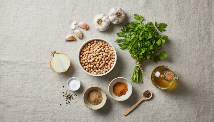 Ingredience pro pečený domácí falafel: suchá cizrna, čerstvé bylinky, česnek, cibule a koření