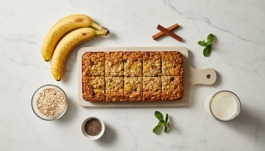 Gebakken havermoutrepen met banaan op een marmeren ondergrond