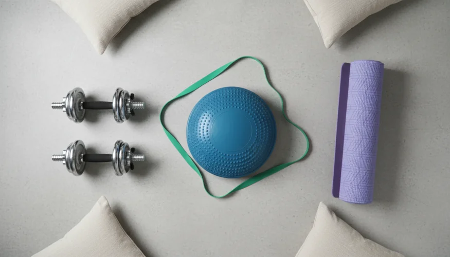 Cuscino per l'equilibrio e attrezzi per l'allenamento domestico – fotografia flat-lay