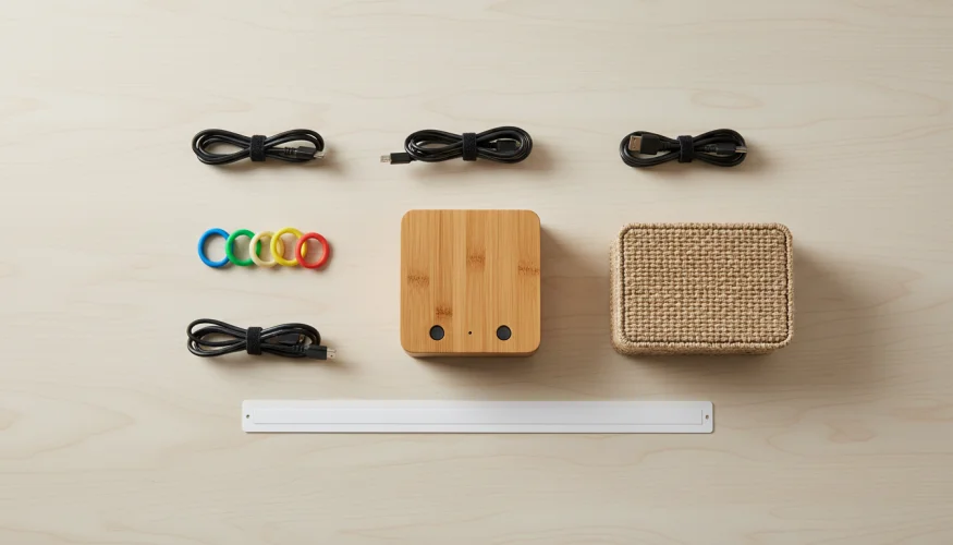 Bamboo charging station with neatly organized cables, velcro straps and cable management accessories on a light-wood desk