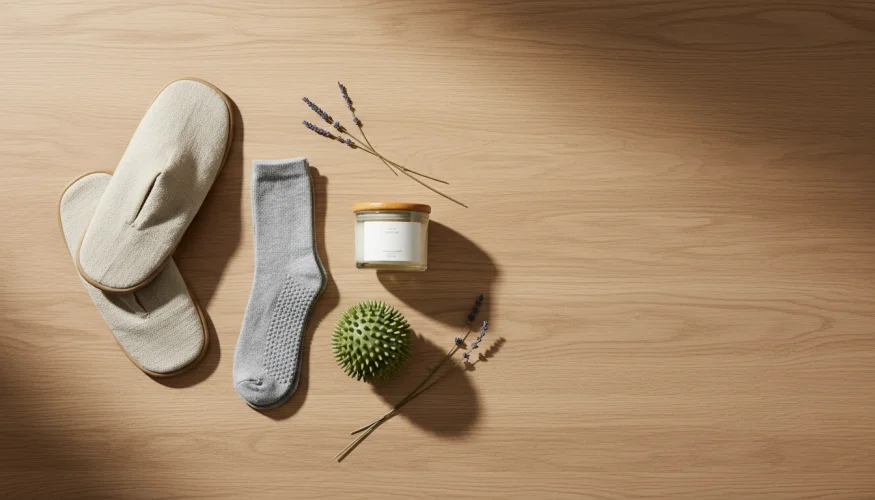 Colección barefoot de bienestar doméstico: zapatillas, calcetines antideslizantes, crema para los pies y pelota de masaje