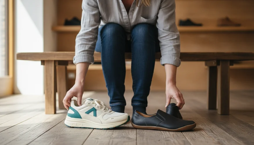 Žena porovnává klasickou obuv s barefoot minimalistickou botou