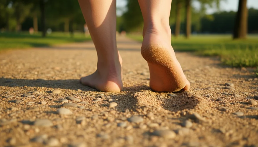 Barefoot person walking on sand and pebbles in a park