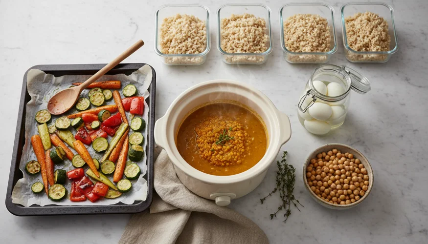 Flat-lay of batch-cooked lentil soup, roasted vegetables, eggs and rice in meal-prep containers