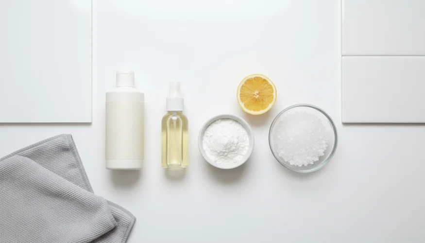 Flat-lay of eco-friendly bathroom cleaning products suitable for acrylic and enamel bathtubs