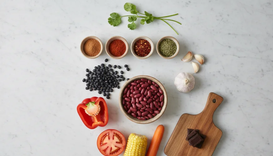 Zutaten für einen Bohnentopf mit Chilli auf einer Marmoroberfläche ausgebreitet