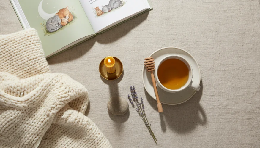 Flat-lay of herbal tea, knitted blanket, children's book and candle representing a cozy bedtime ritual
