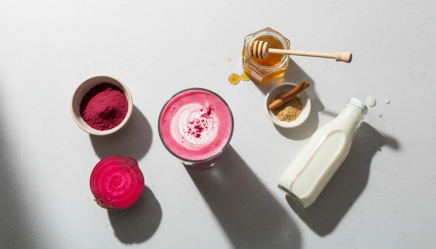 Flat-lay of beet latte ingredients: beetroot powder, fresh beetroot, oat milk, cinnamon, ginger, and honey