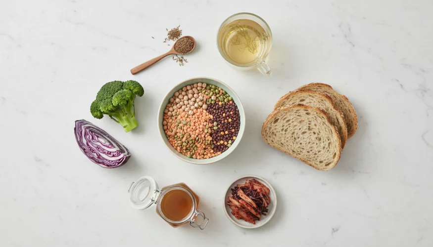 Flat-lay of fermented foods, legumes, cruciferous vegetables and herbal tea arranged on white marble
