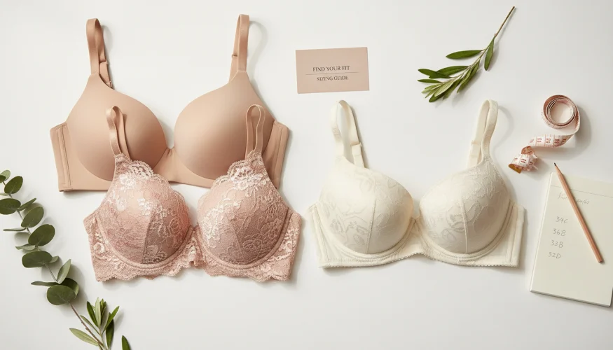 Flat-lay of different bra styles with a tape measure and notepad for size reference