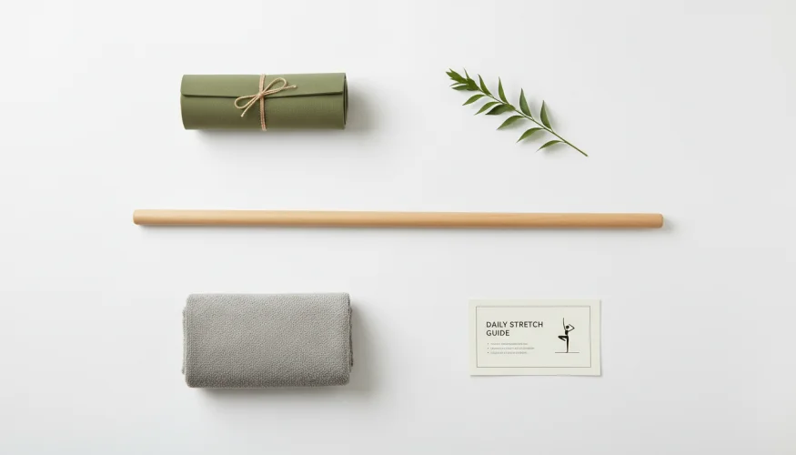 Een bezemsteel als hulpmiddel voor schoudermobiliteitsoefeningen, flat-lay compositie